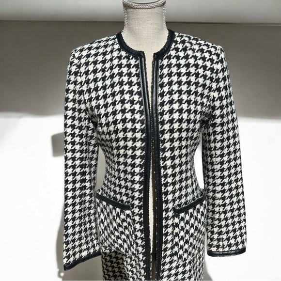 🌻VS2 By Vakko B&W Houndstooth Vegan Leather Trim Open Jacket Coat Size 4 - Picture 2 of 9